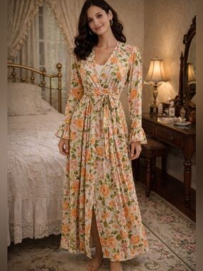 Vintage Vanity Fair Womens Long Sleeve Robe Gown P Orange Floral Feminine Sleep